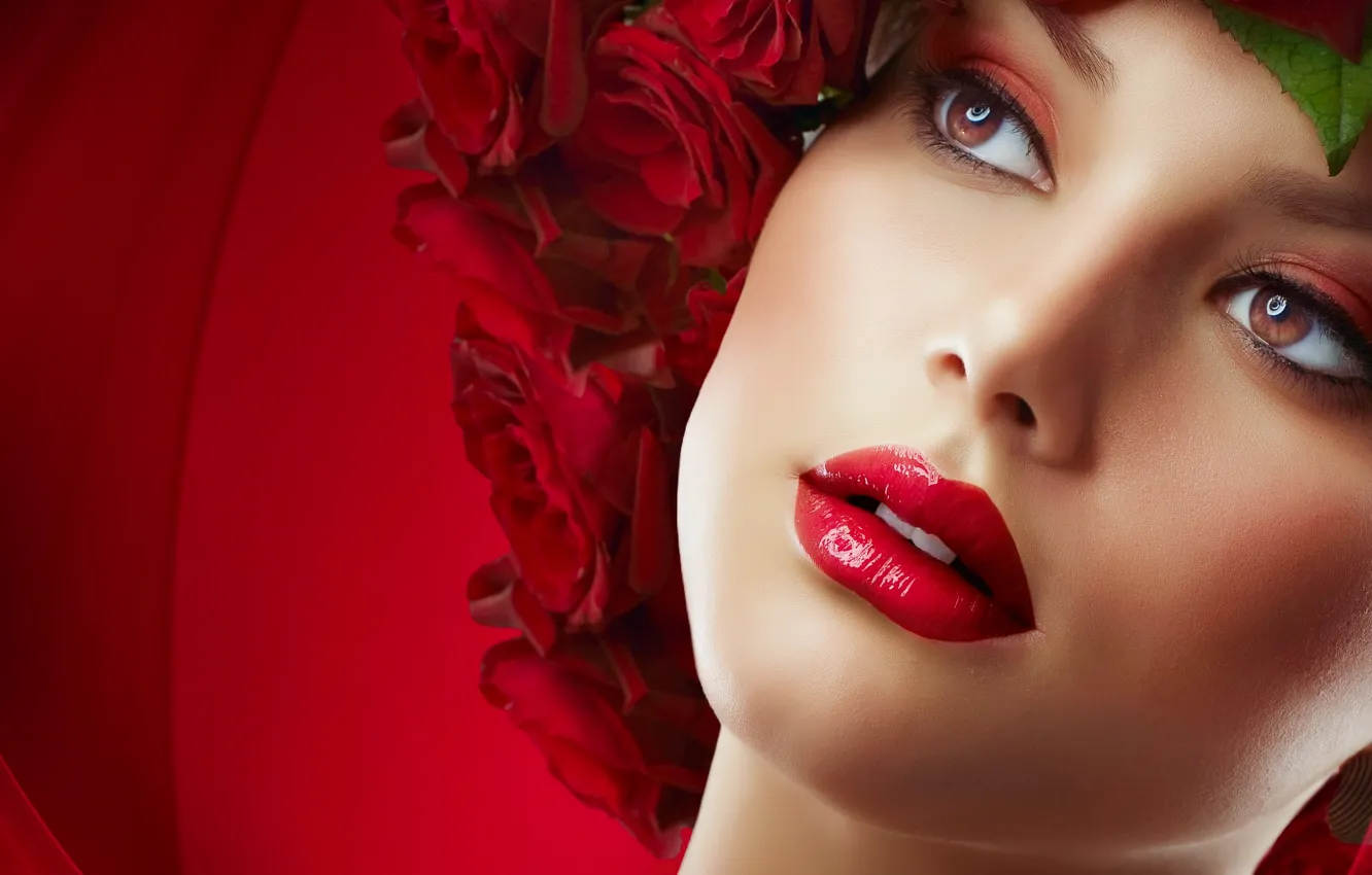 Фото обои Sexy, Roses, Beauty, Eyes, Fashion, Red Lips, Makeup
