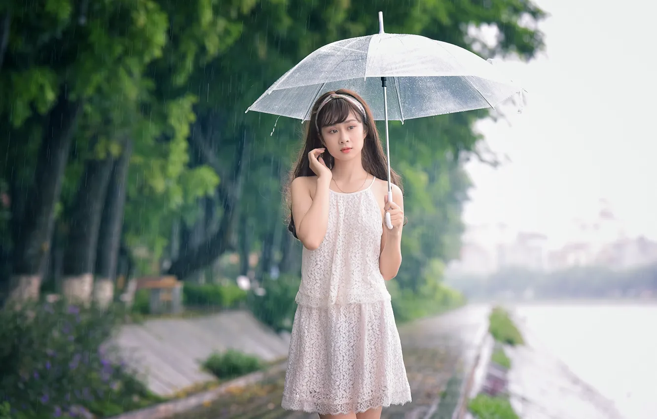 Фото обои девушка, капли, лицо, зонтик, дождь, прогулка, восточная
