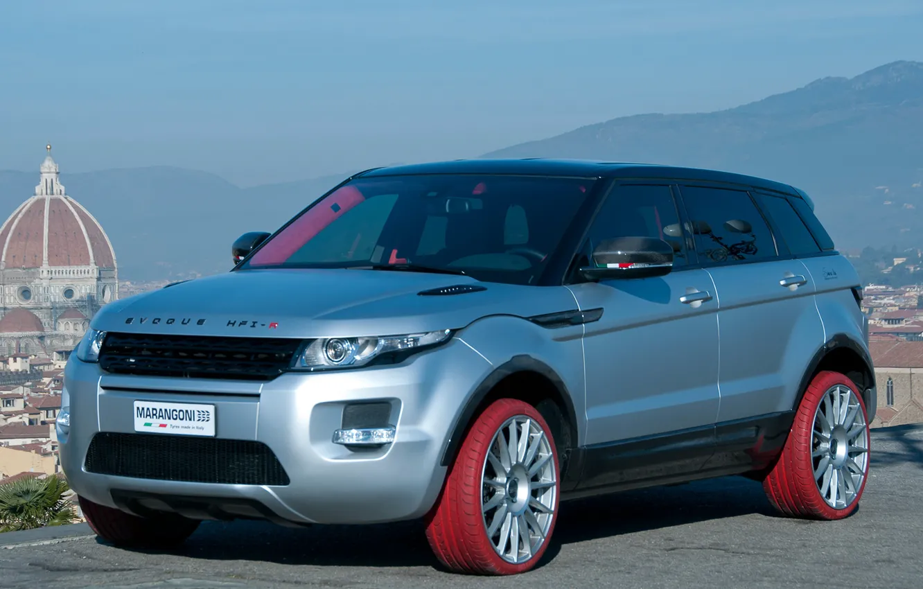 Фото обои красные, Land Rover, Range Rover, tuning, Evoque, Marangoni, марангони, цветные покрышки