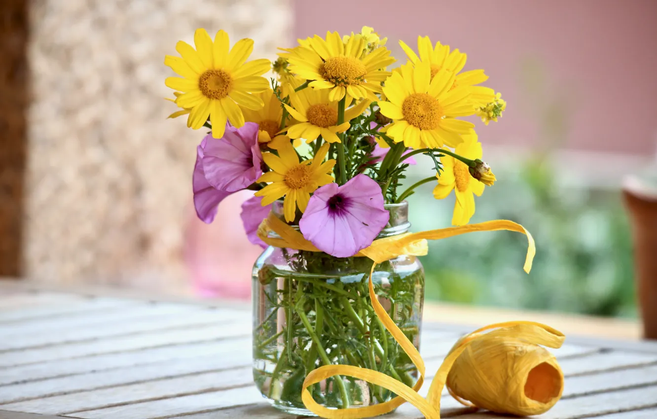 Фото обои цветы, стол, букет, ваза, маргаритки