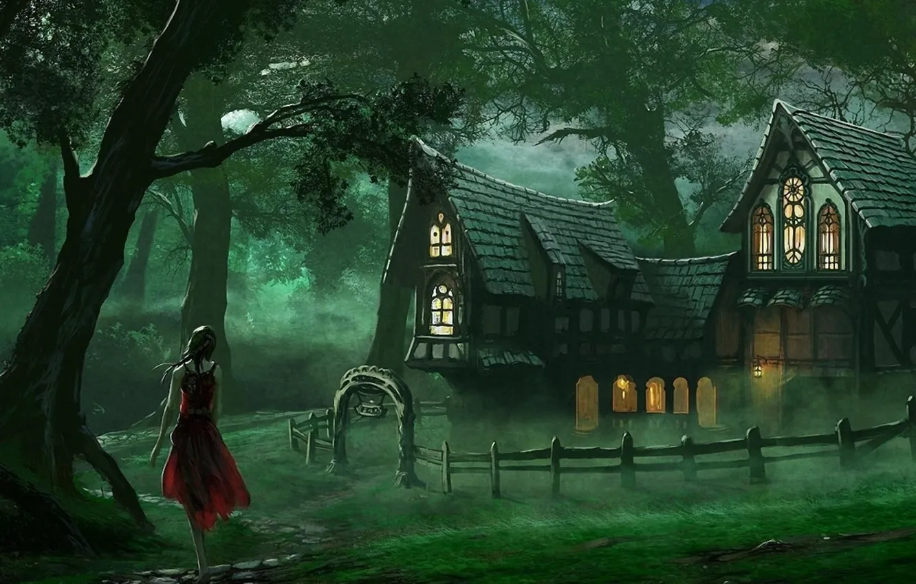 Фото обои лес, поза, Девушка, платье, домик