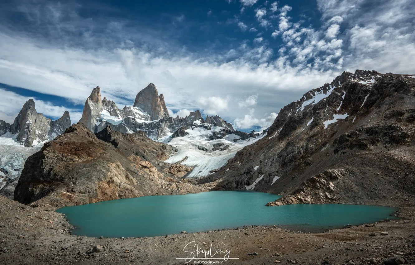 Фото обои облака, озеро, красота, горизонт, простор, Ганюшкин Владимир, Ледник Rio Blanco и лагуна Sucia