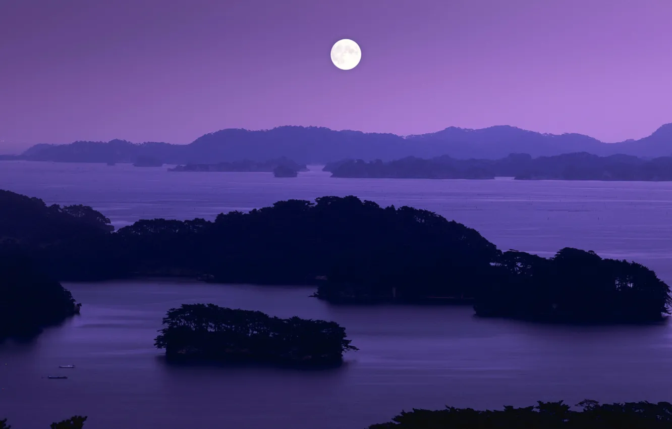 Фото обои ночь, луна, Япония, префектура Мияги, Matsushima Bay