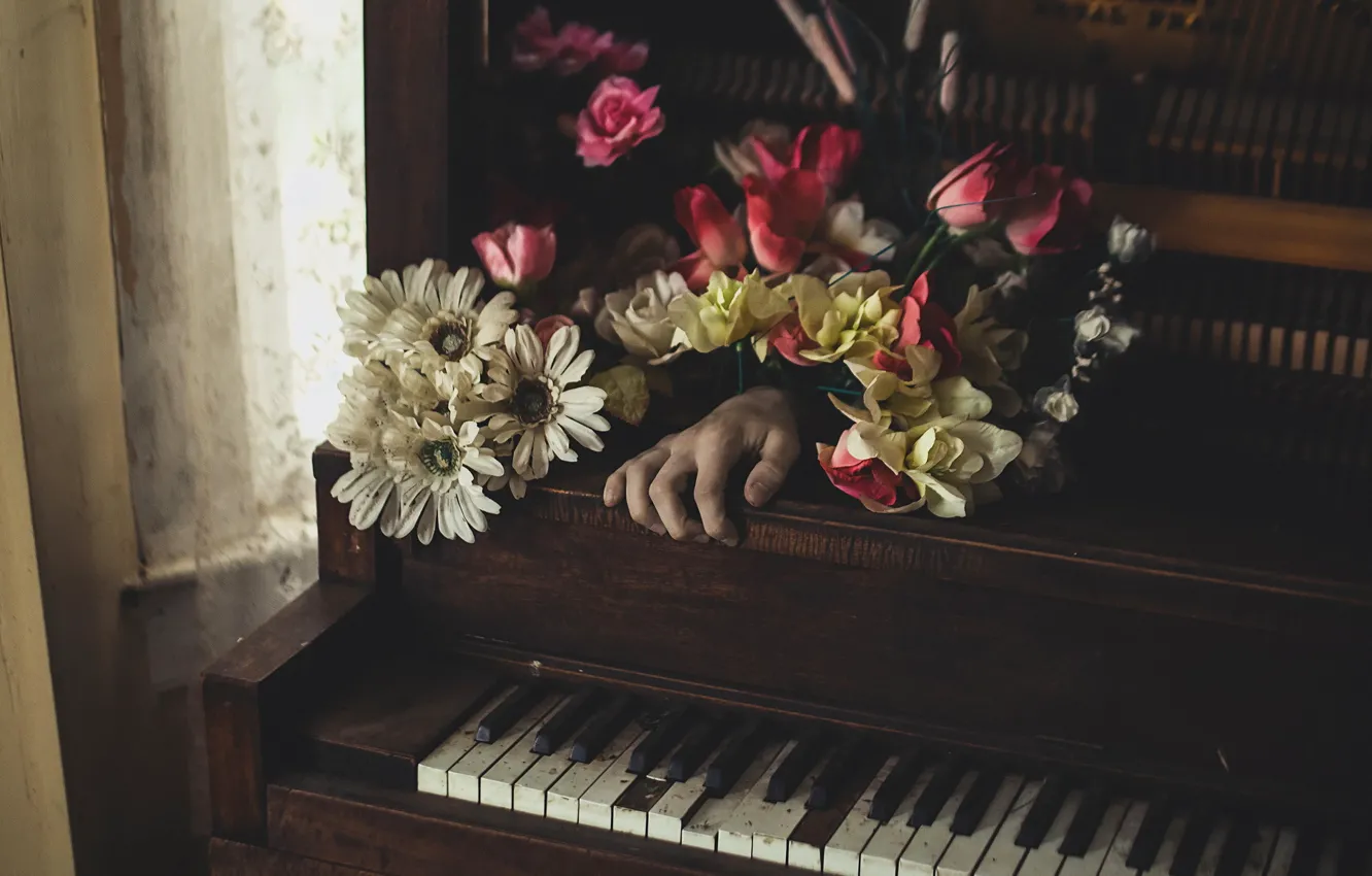 Фото обои цветы, музыка, рука, пианино