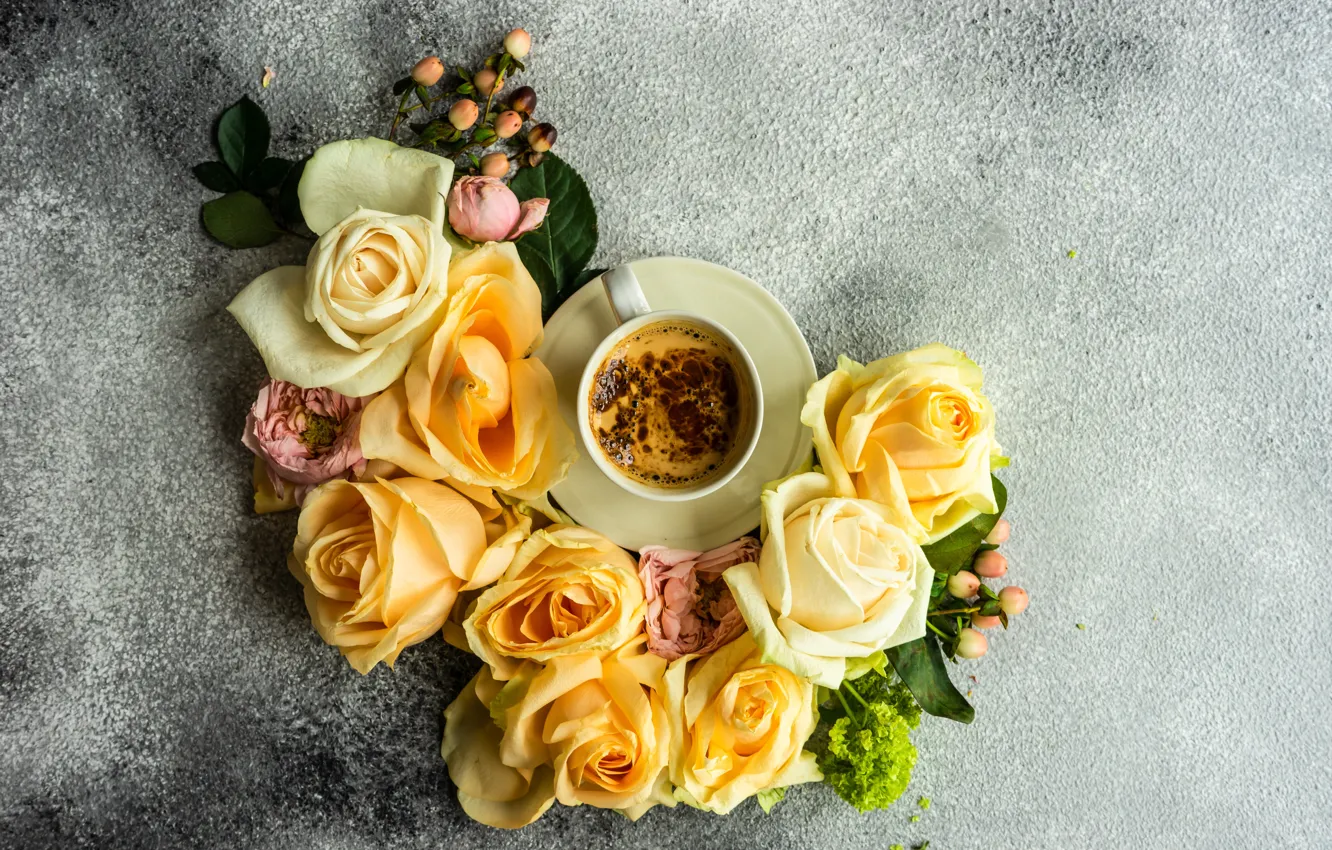 Фото обои фон, кофе, розы, чашка, бутоны, Anna Bogush