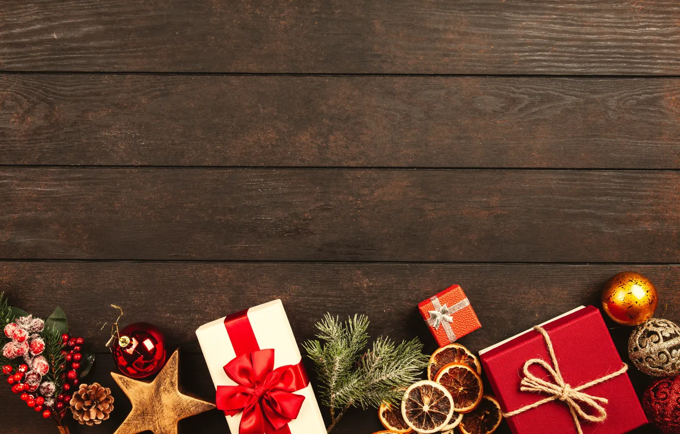 Фото обои зима, праздник, доски, Рождество, Новый год, коробки, новогодние украшения, новогодние декорации