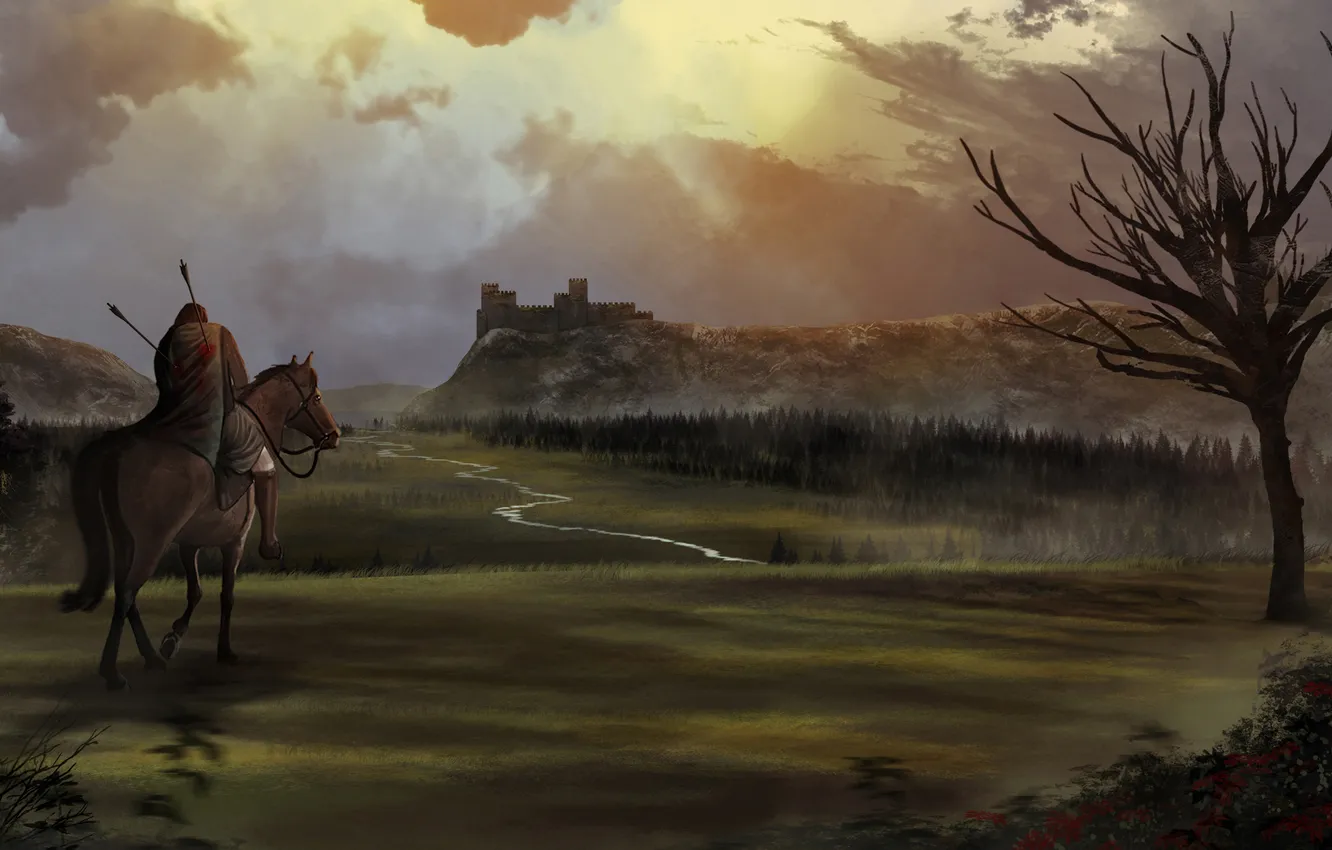 Фото обои пейзаж, река, замок, конь, арт, мужчина, всадник, стрелы