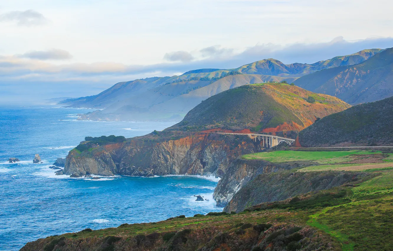 Фото обои море, мост, Калифорния, США, Монтерей, горі, Bixby Creek Bridge