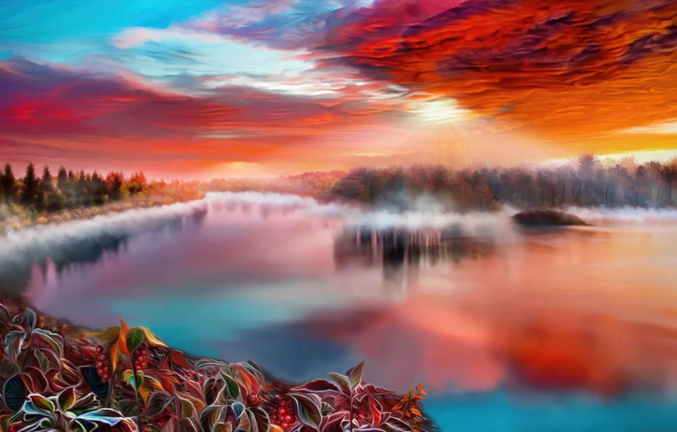 Фото обои небо, деревья, закат, цветы, природа, туман, озеро, by exobiology