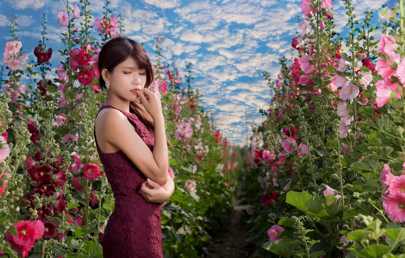 Фото обои девушка, цветы, азиатка