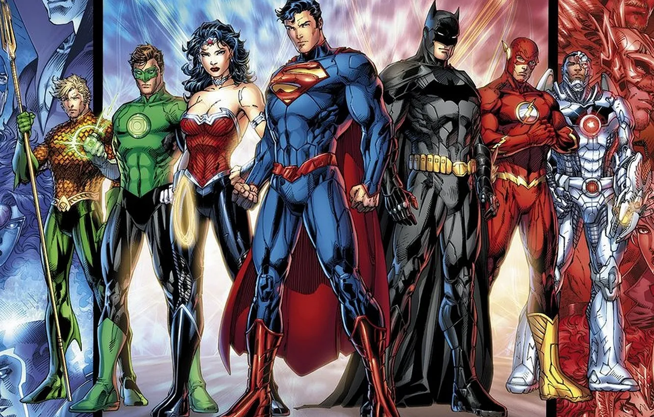 Фото обои Wonder Woman, Batman, Superman, dc comics, Cyborg, Flash, Aquaman, Green lantern