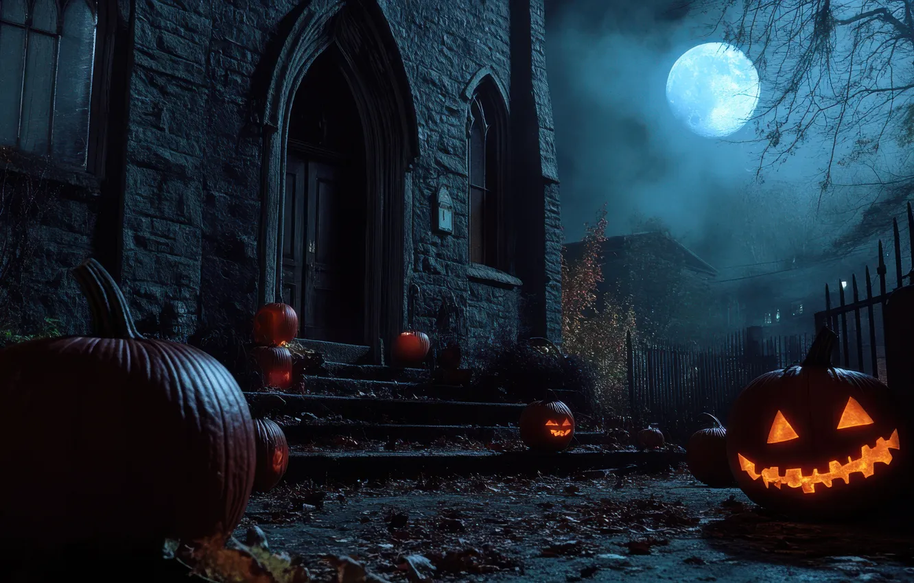 Фото обои Ночь, Луна, Дом, Тыквы, Halloween, Хэллоуин, Цифровое искусство, Жутко