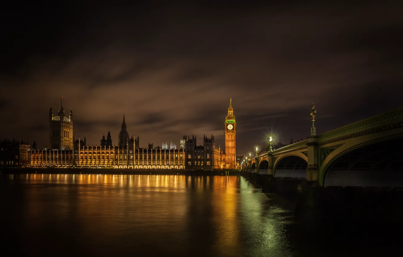 Фото обои ночь, мост, огни, Лондон, Темза, Вестминстерский