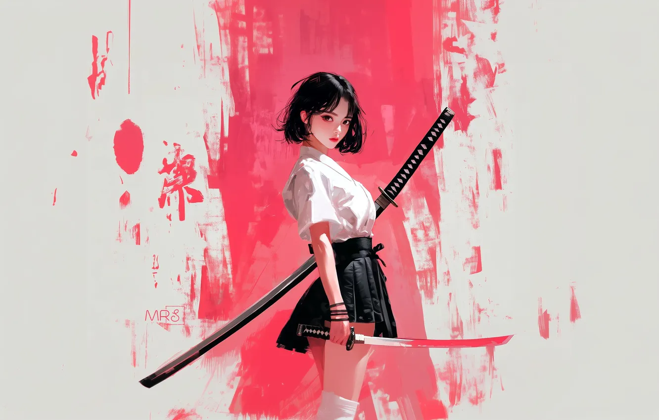 Фото обои girl, sword, fantasy, minimalism, katana, brunette, samurai, asian
