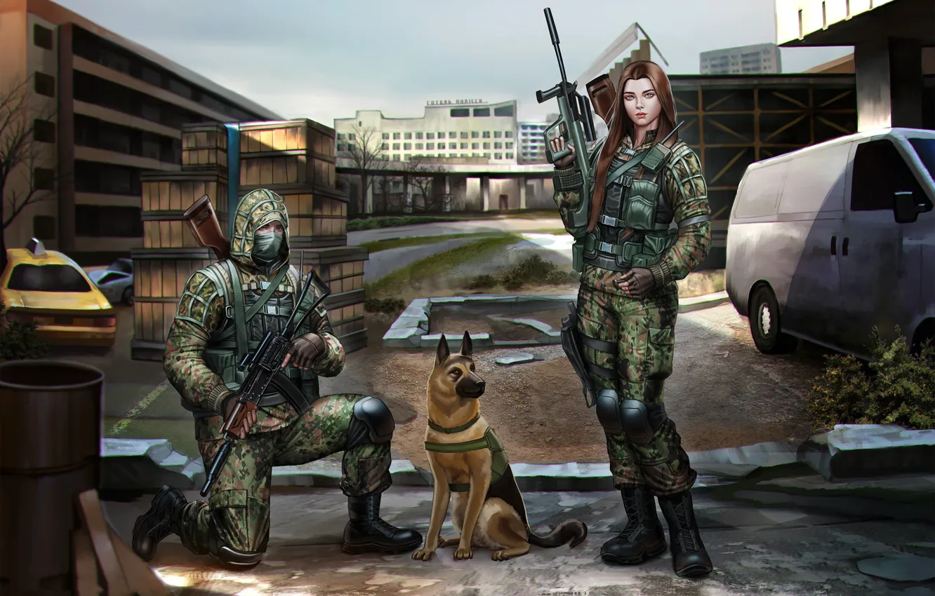 Фото обои Девушка, Собака, Солдаты, Парень