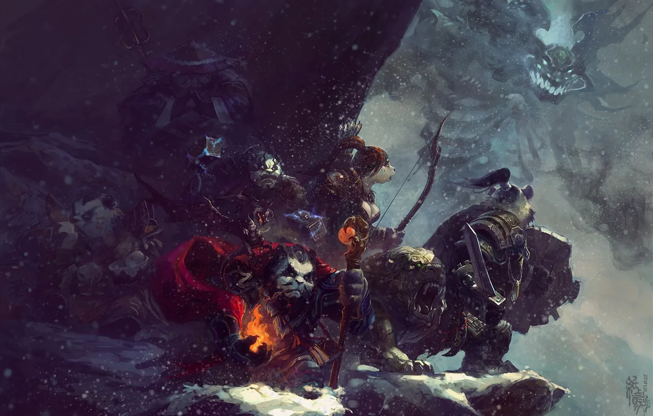 Фото обои снег, горы, оружие, магия, монстр, арт, посох, World of Warcraft