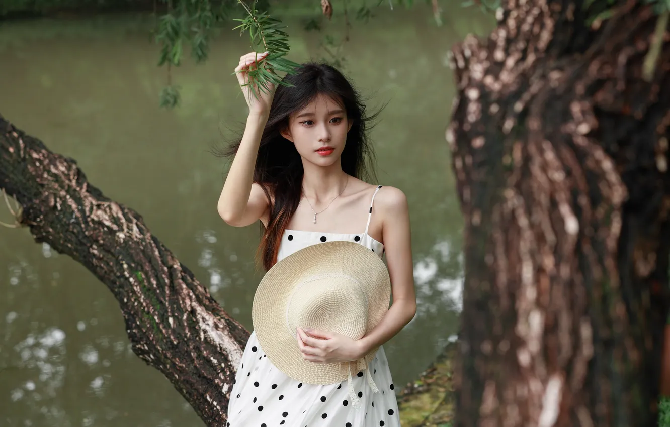 Фото обои Beautiful, Asian, Model, Tree, Water, Woman, River, Hat