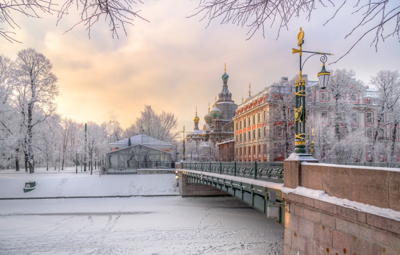 Фото обои зима, снег, мост, город, река, здания, Питер, фонари