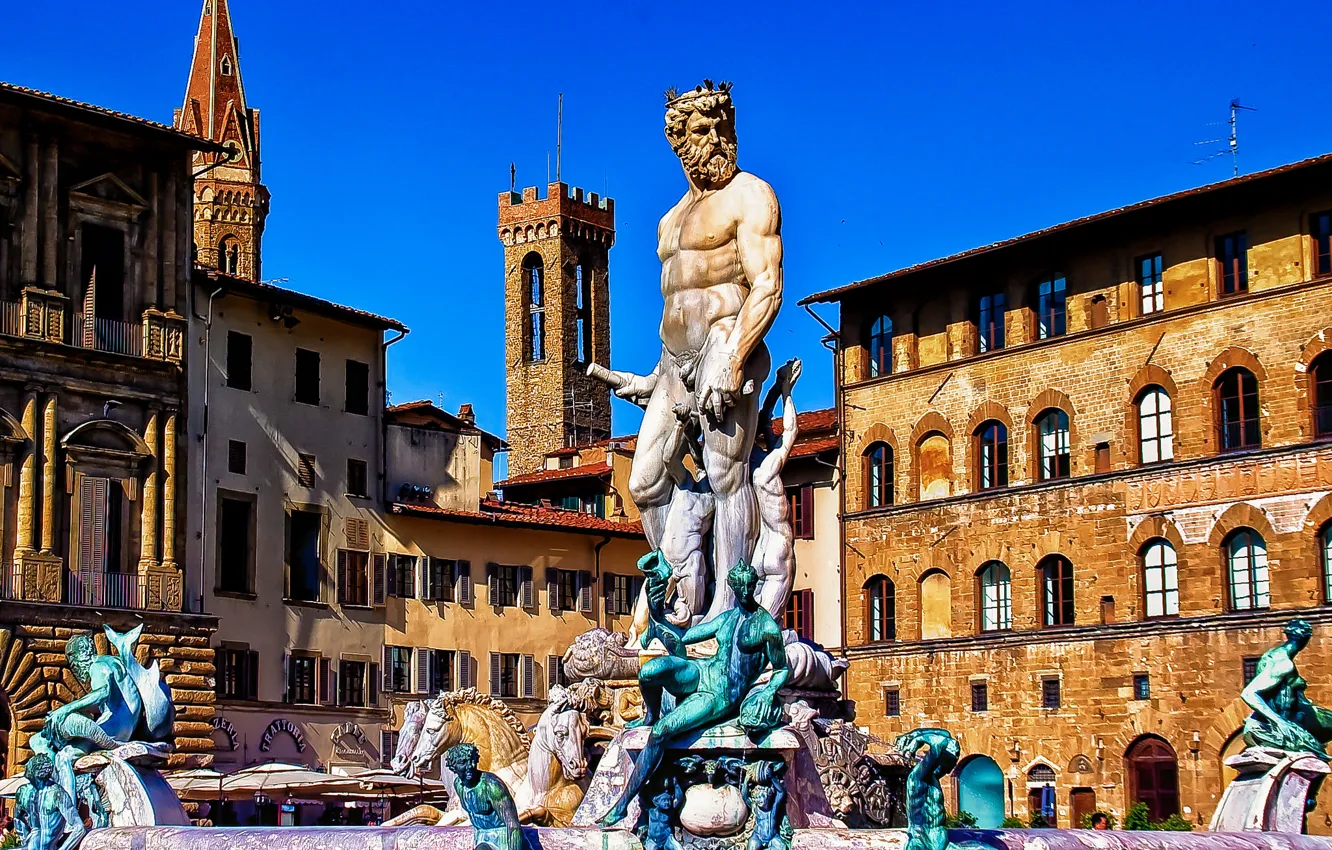 Фото обои дома, Италия, Флоренция, площадь Синьории, фонтан Нептуна