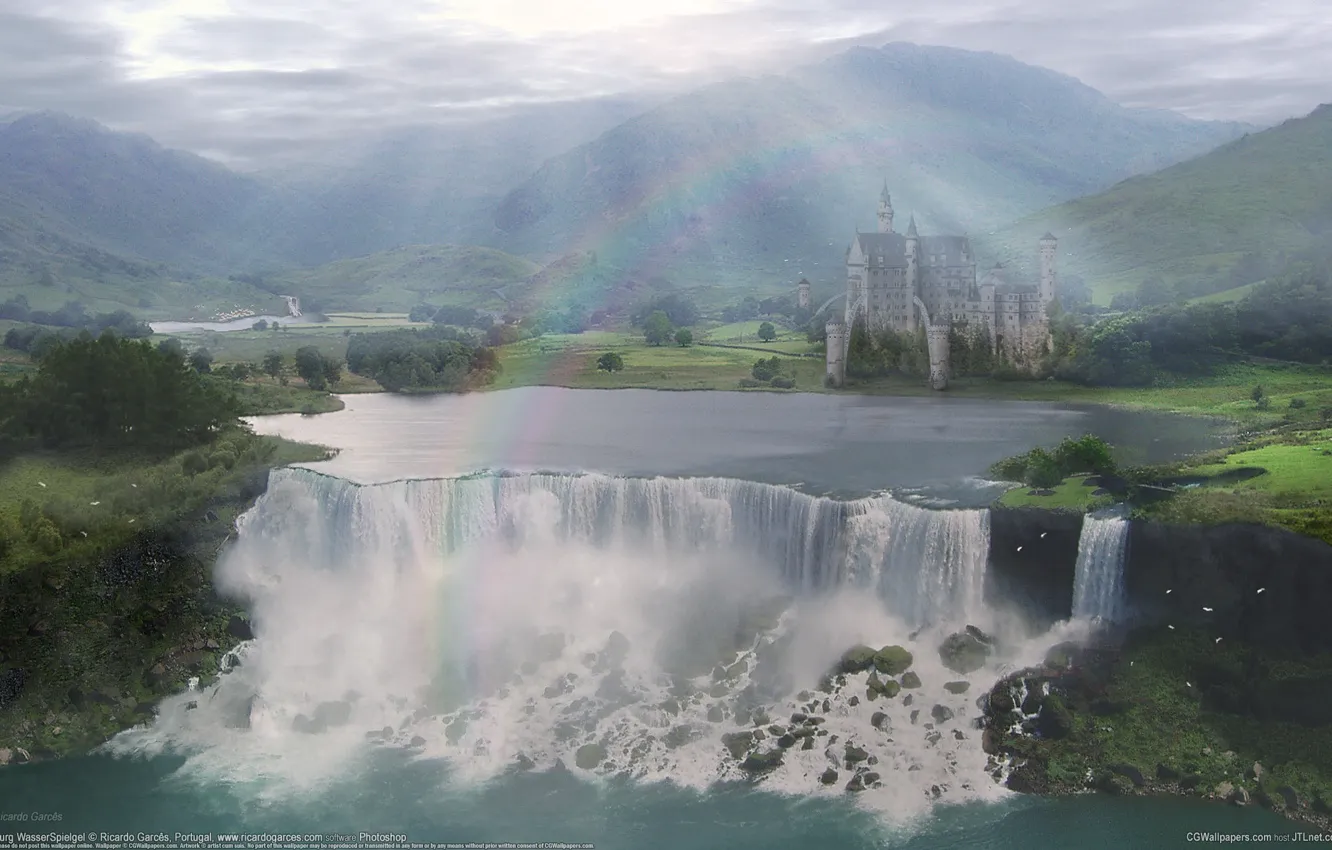 Фото обои пейзаж, замок, водопад, радуга, долина, ricardo garces