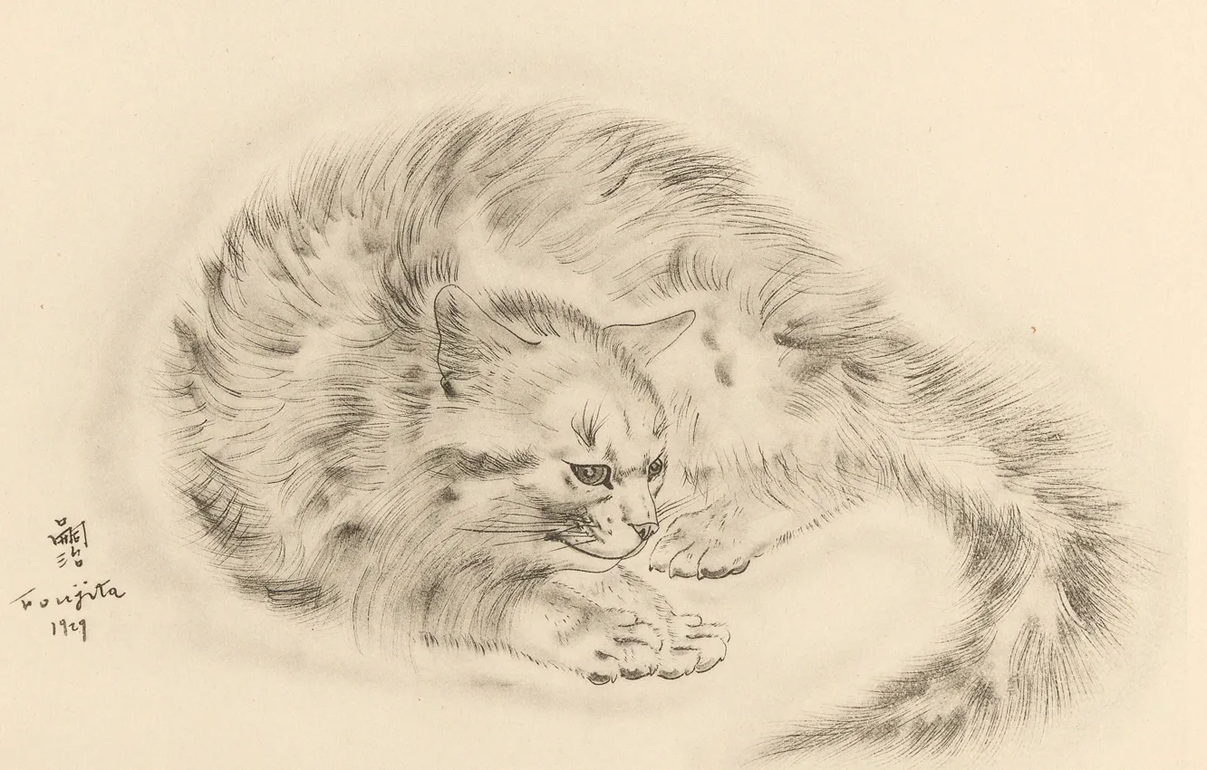 Фото обои кошка, хвост, грустная, 1930, Tsuguharu Foujita, Книга Кошек