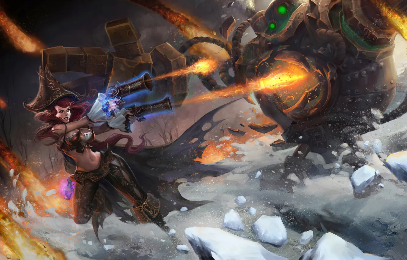 Фото обои лед, девушка, снег, оружие, монстр, битва, league of legends, blitzcrank