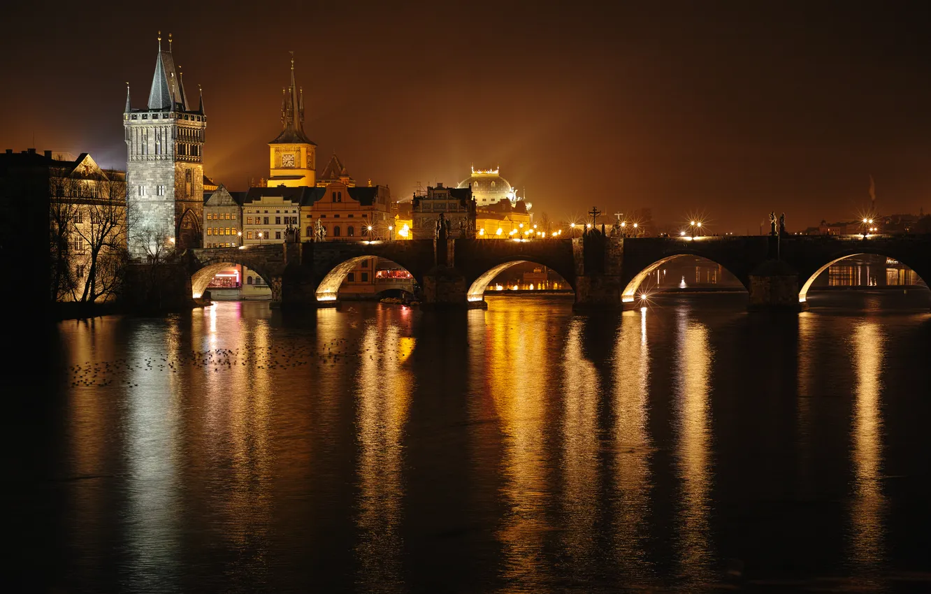 Фото обои Влтава, Карлов мост, ночная Прага