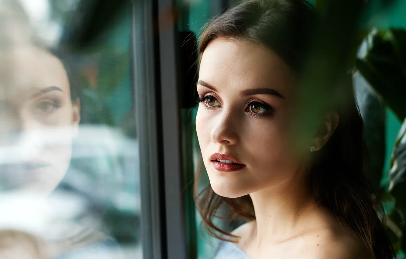 Фото обои girl, window, beautiful girl, reflection, portrait