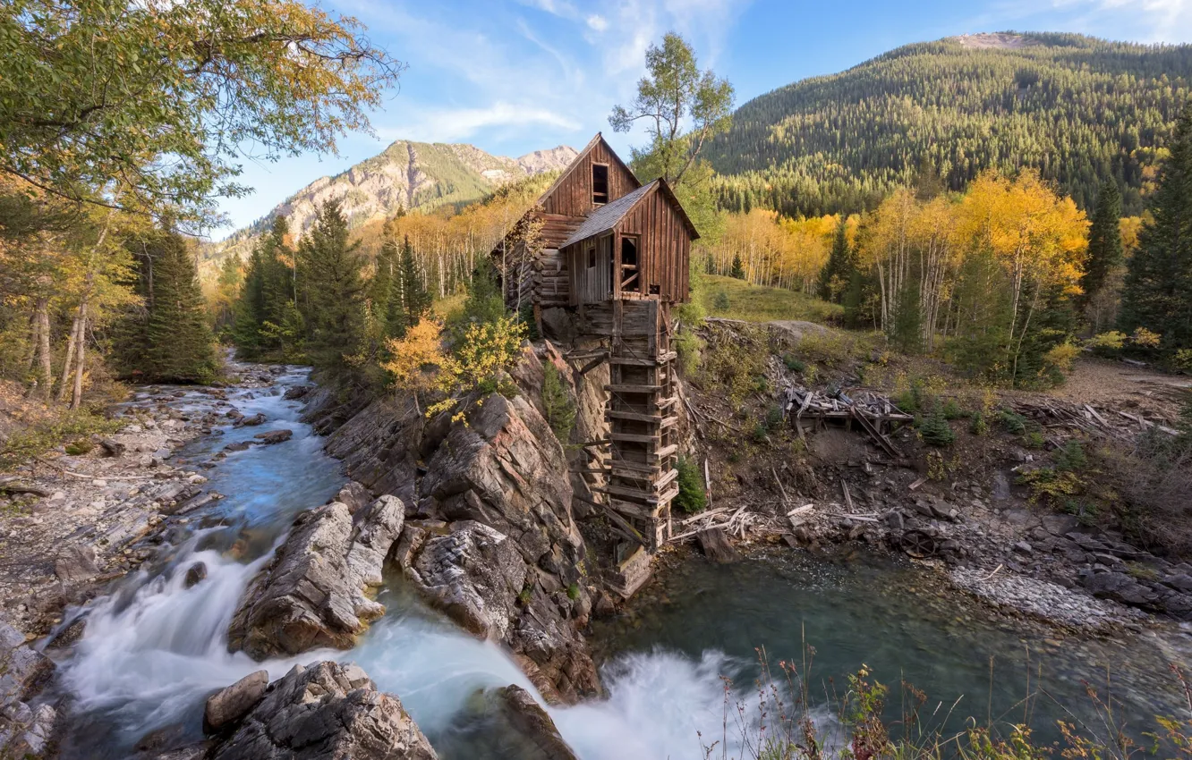 Фото обои лес, горы, река, мельница, Crystal Mill