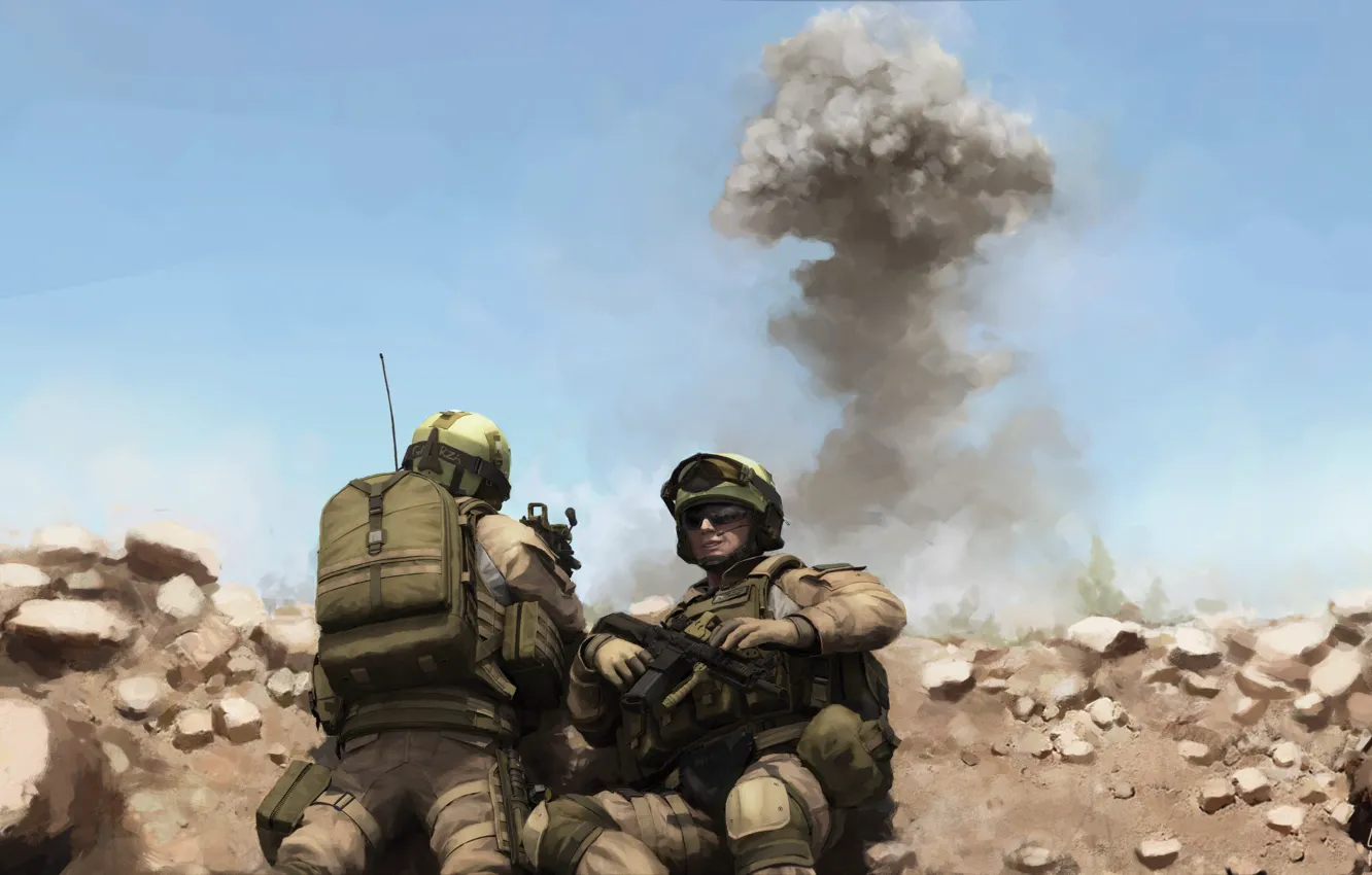 Фото обои песок, взрыв, камни, оружие, война, солдаты
