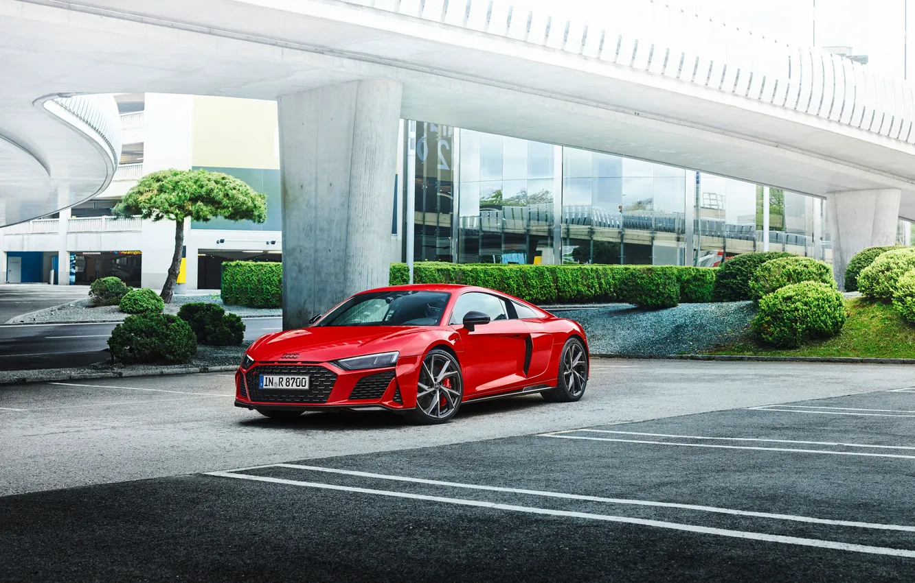Фото обои дорога, авто, красный, Audi, здание, performance, R8 V10