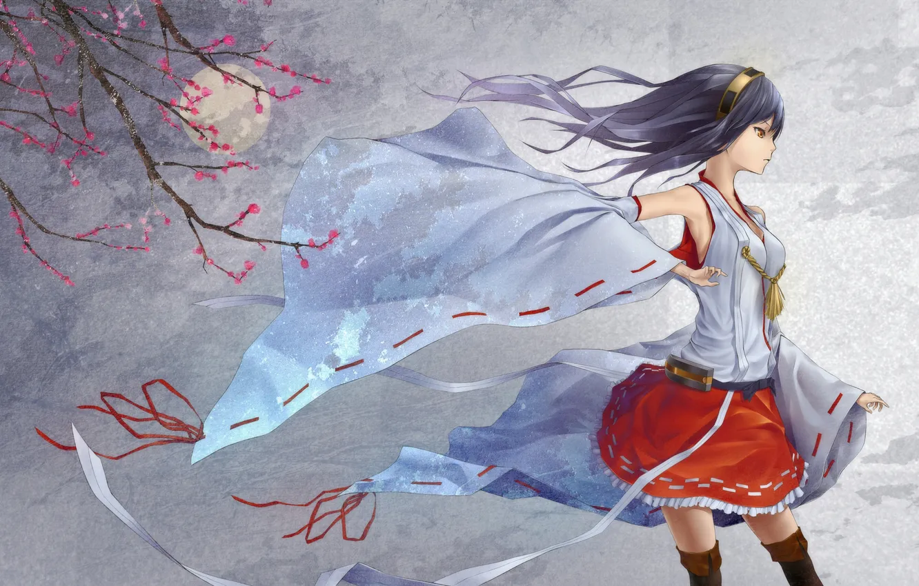 Фото обои девушка, цветы, фон, ветер, ветка, сакура, арт, рукава
