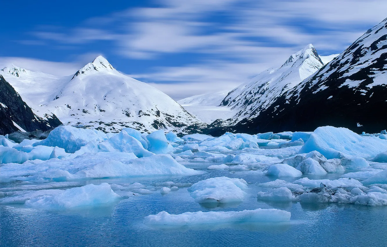 Фото обои вода, снег, горы, вершины, ледник, Аляска, Alaska, Portage Glacier