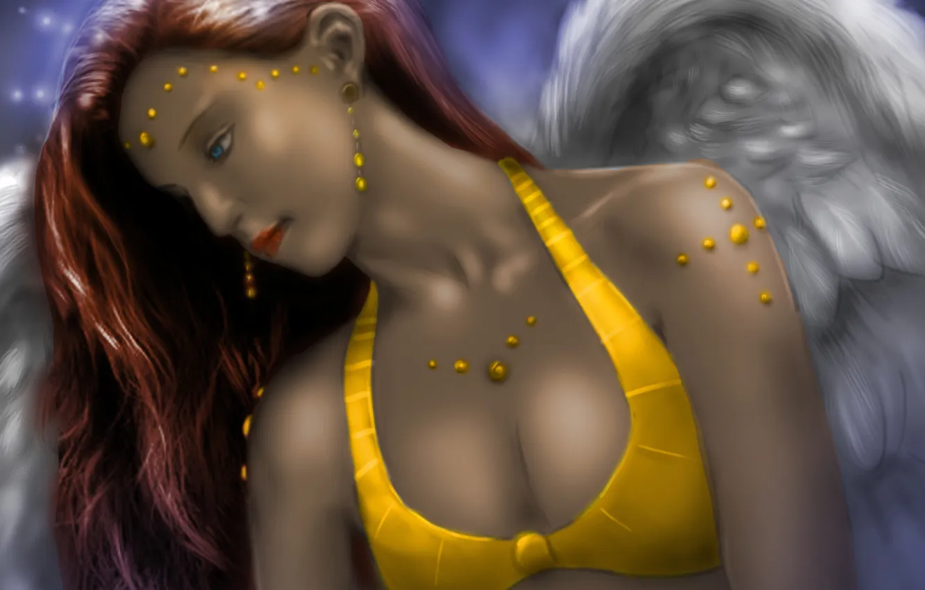 Фото обои купальник, девушка, желтый, рисунок, крылья, ангел