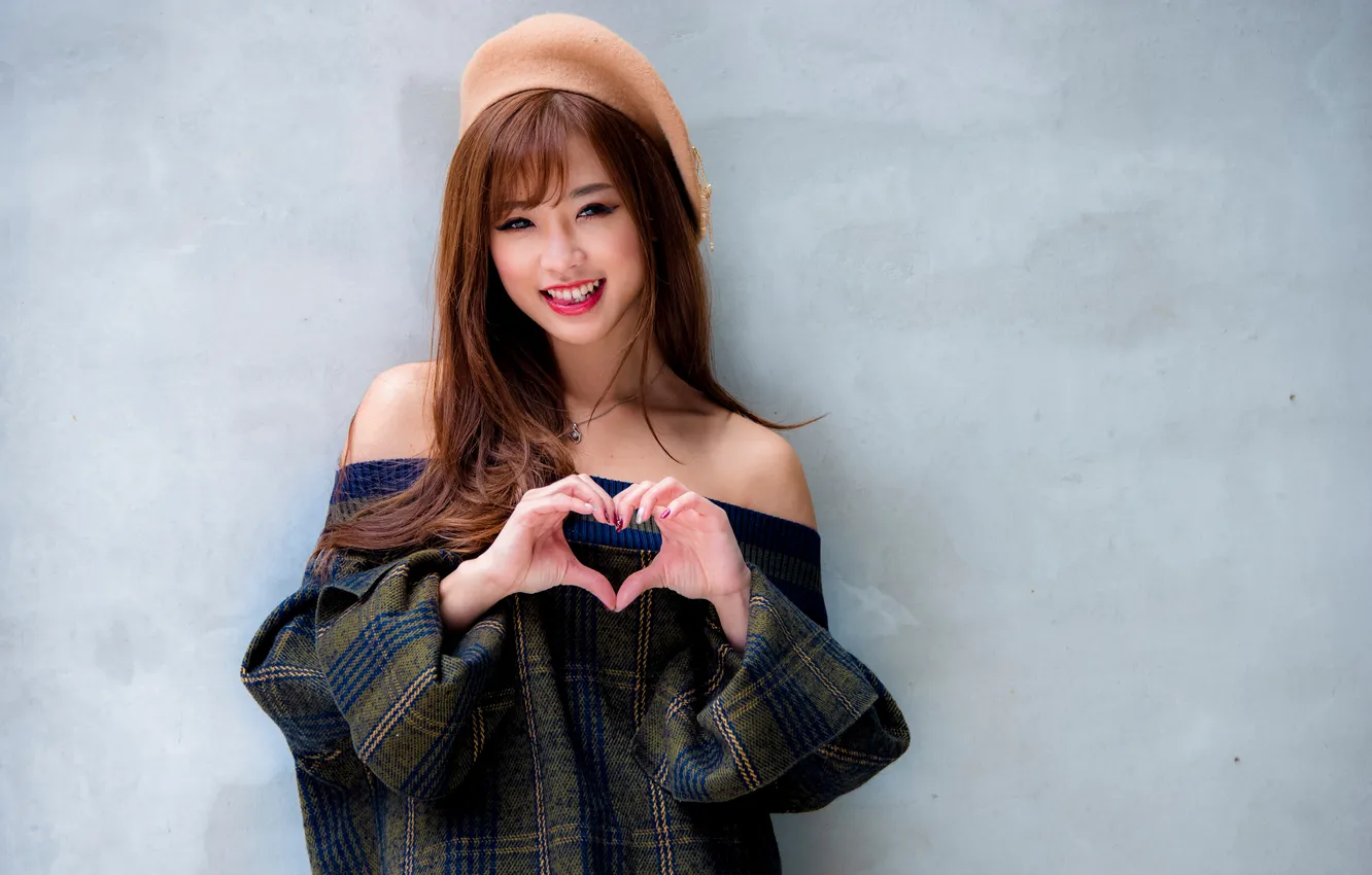 Фото обои девушка, улыбка, сердечки, азиатка, берет