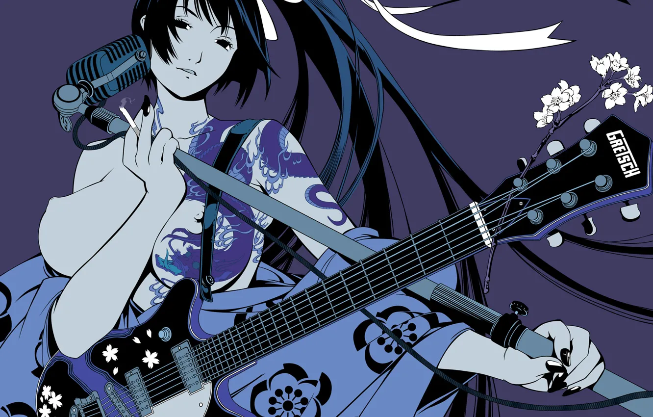 Фото обои фиолетовый, девушка, гитара, микрофон