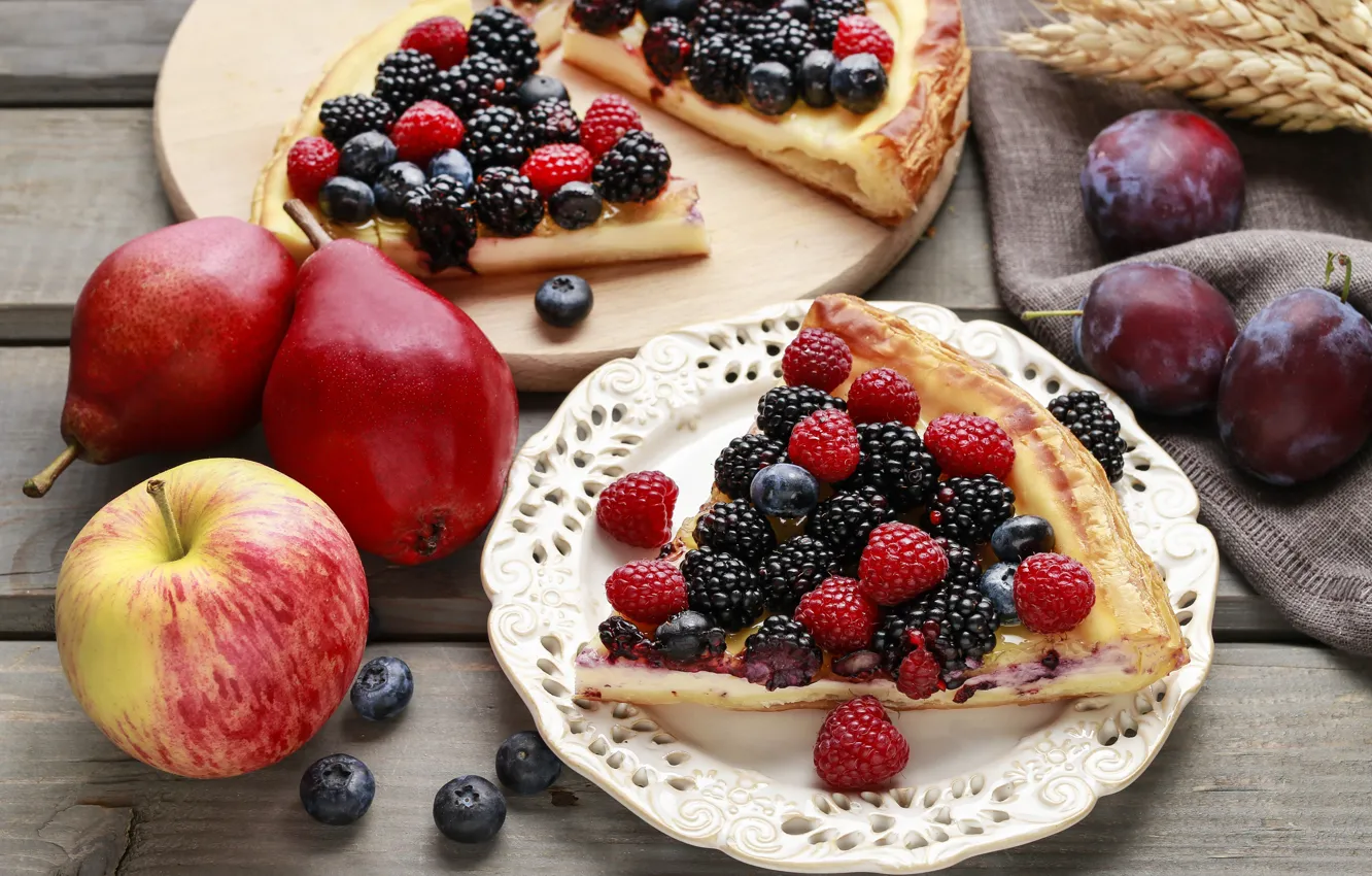 Фото обои ягоды, яблоки, еда, пирог, корица, выпечка, ваниль