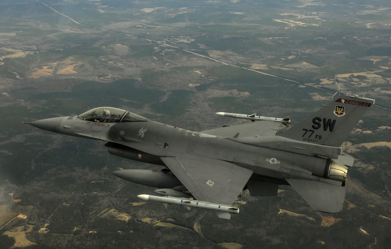 Фото обои полет, ракеты, бомбы, Fighting Falcon, U.S. Air Force, F-16CJ, Shawe Air Force Base