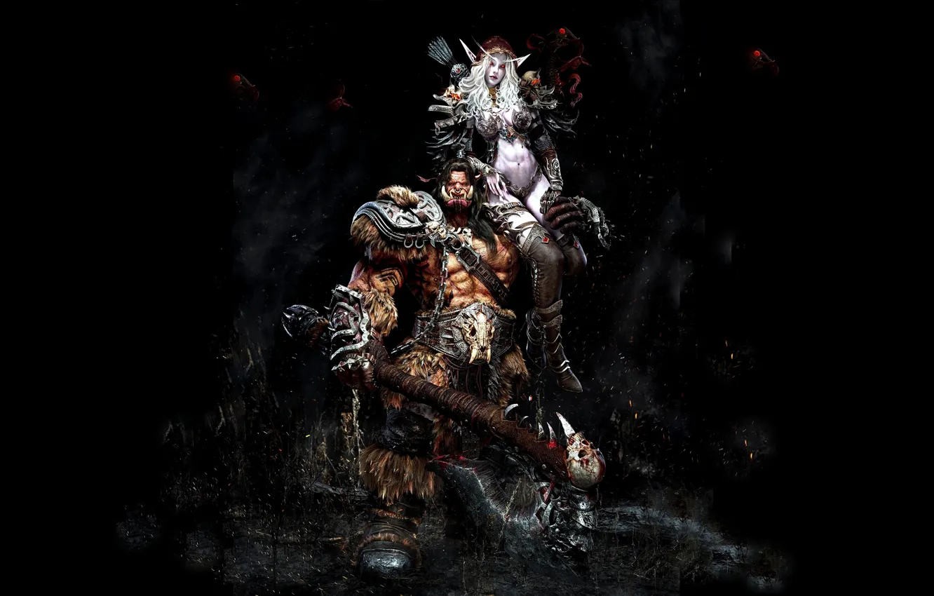 Фото обои Эльфийка, Орк, Нежить, Sylvanas Windrunner, World Of Warcraft, Grom Hellscream, Гром Адский Крик, Сильвана Ветрокрылая
