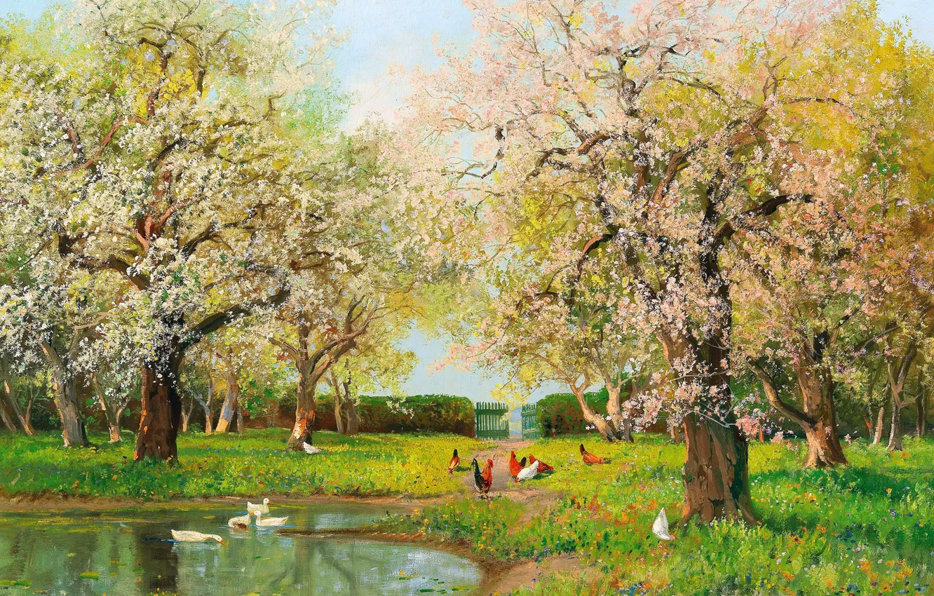 Фото обои Деревья, Картина, Alois Arnegger, Алоис Арнеггер, Австрийский живописец, Курицы, Большой летний пейзаж с цветущими деревьями