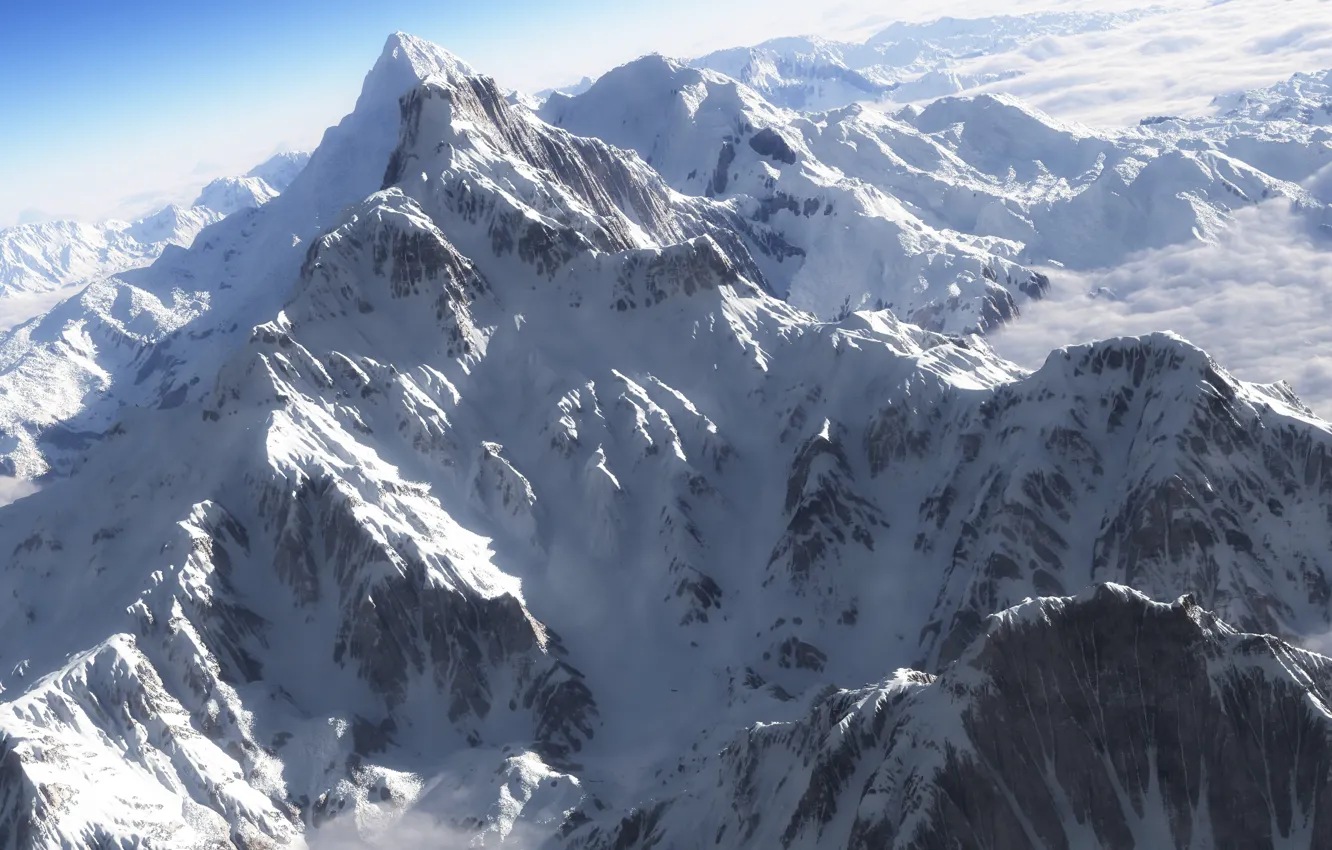 Фото обои снег, горы, вершины, вид, высота, арт, гряда