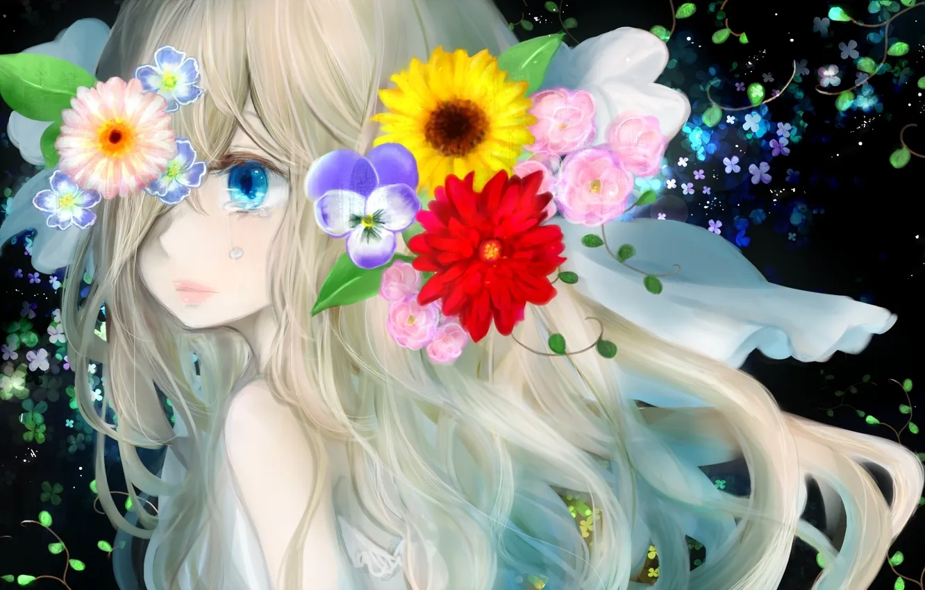 Фото обои грусть, девушка, цветы, слезы, art, milkuro