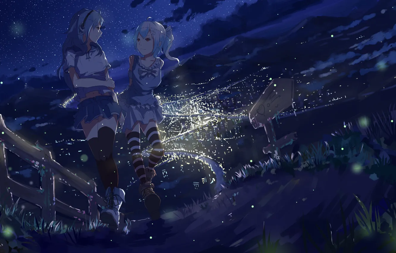 Фото обои небо, девушка, звезды, облака, ночь, город, огни, знак