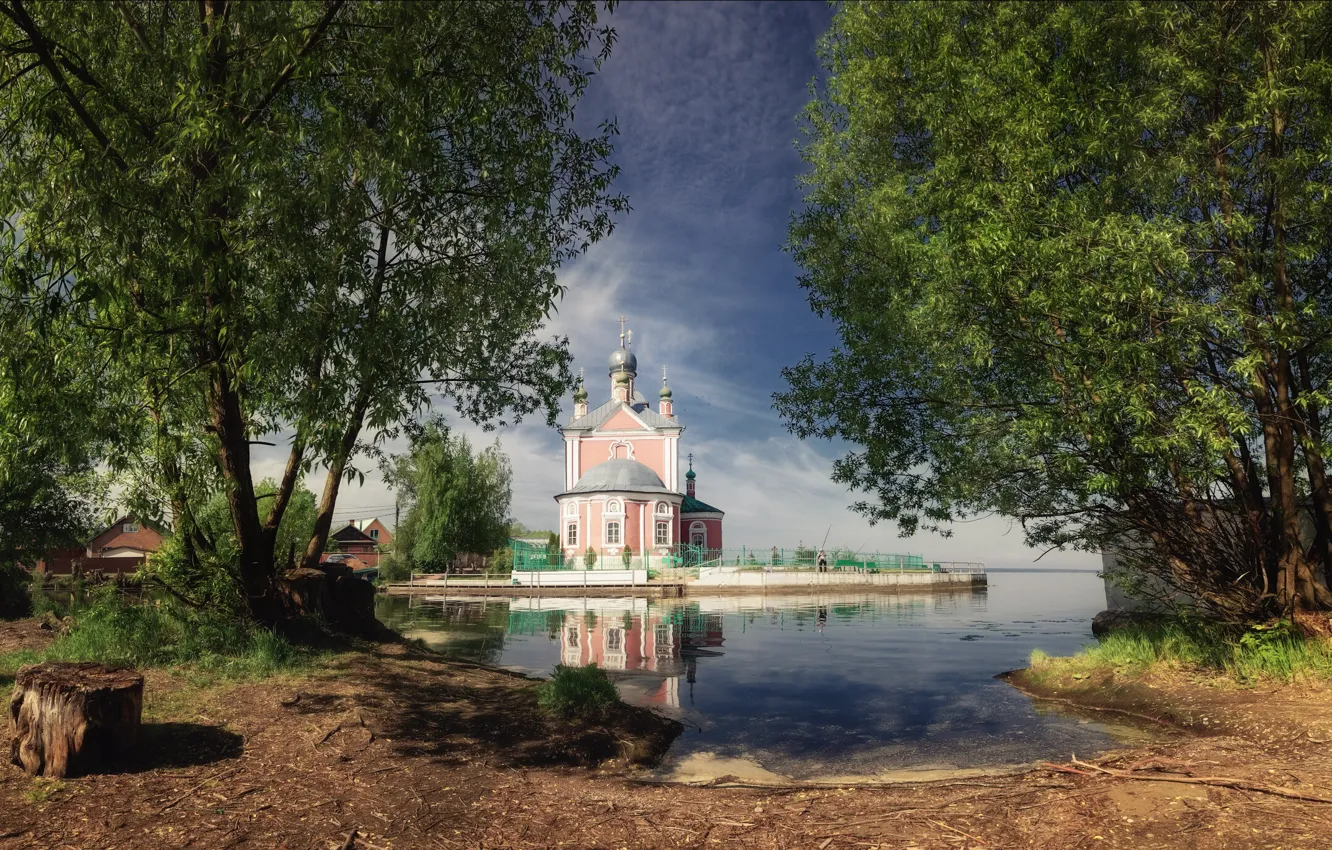 Фото обои лето, деревья, пейзаж, природа, пень, дома, церковь, Богорянов Алексей