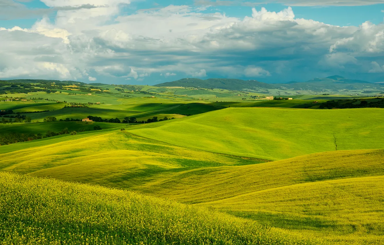 Фото обои Небо, Облака, Италия, Поля, Пейзаж, Tuscany hills; Природа