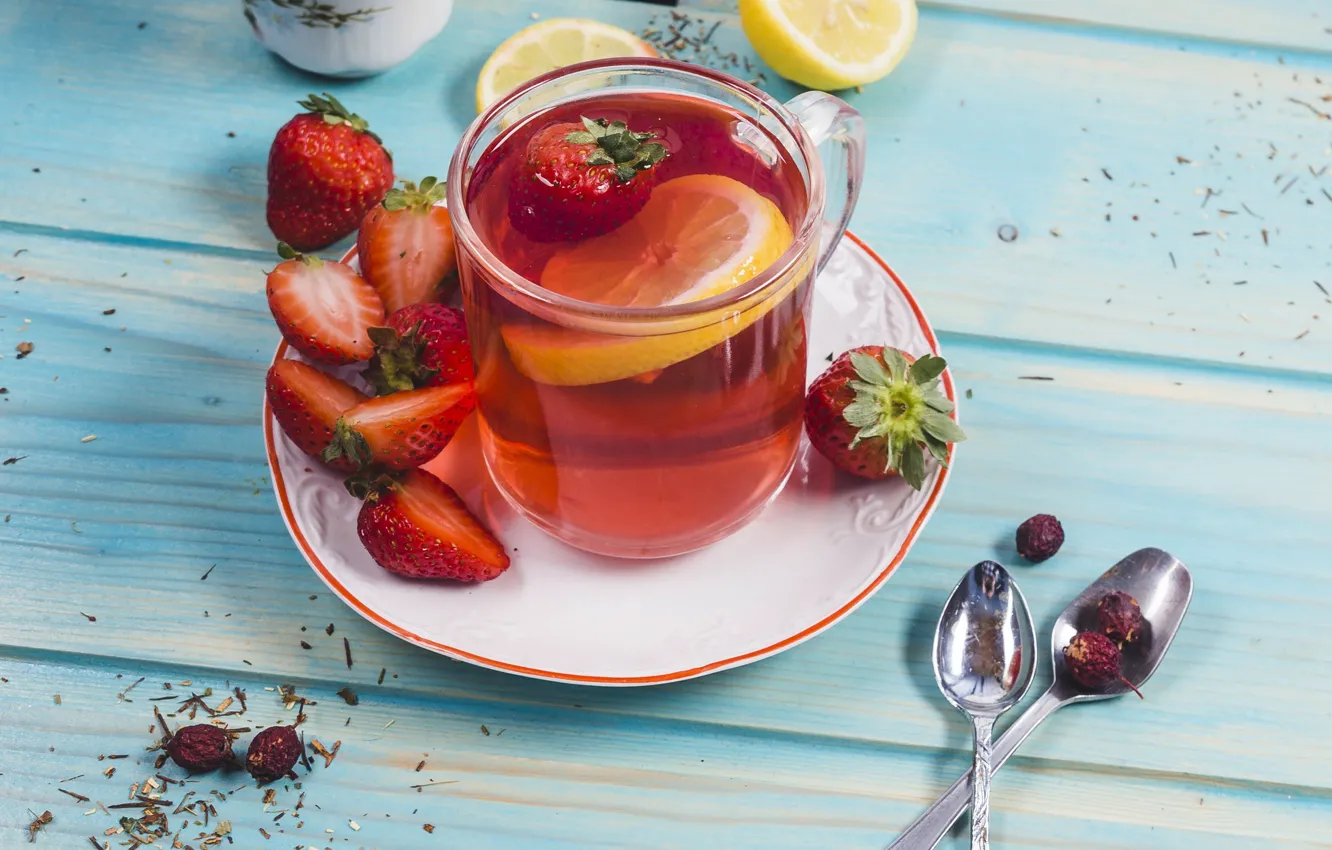 Фото обои ягоды, чай, клубника