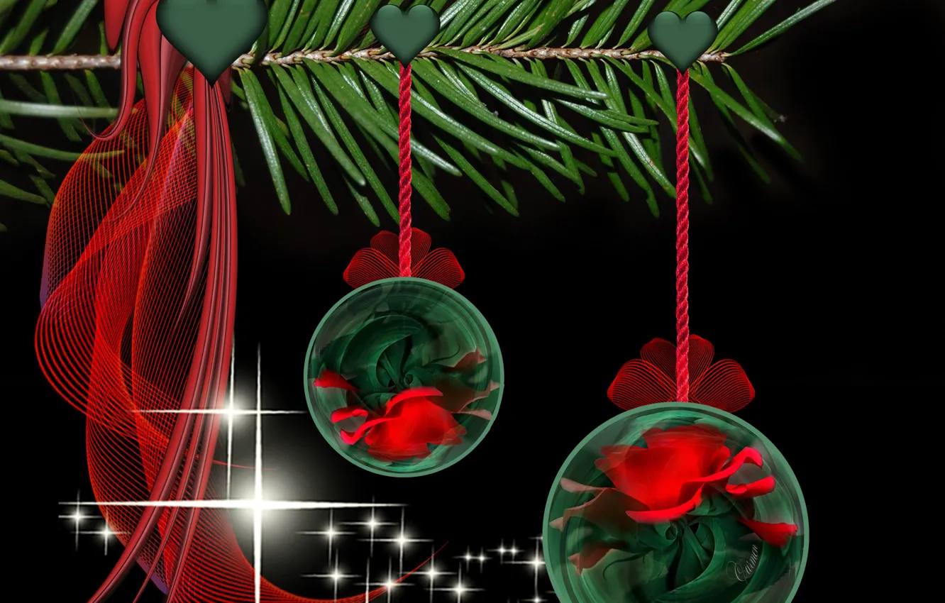 Фото обои украшения, шары, рождество, сердечки, чёрный фон, вуаль, открытка, блёски