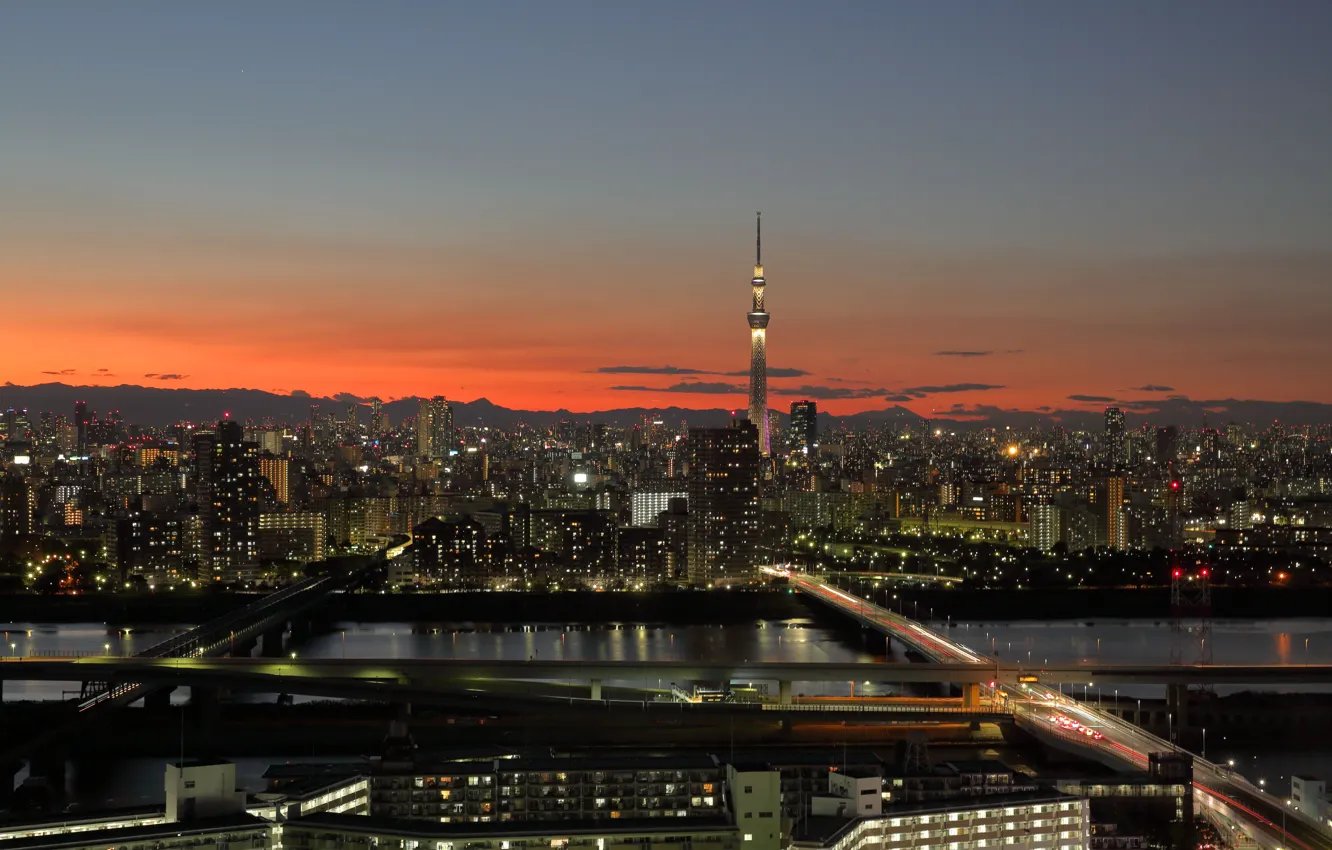 Фото обои Tokyo, Japan, twilight, sunset, clouds, hills, dusk, silhouette
