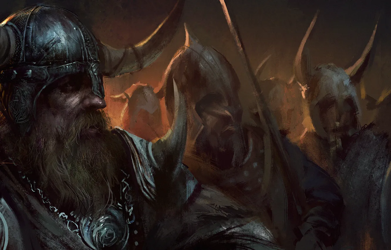 Фото обои меч, воин, рога, шлем, борода, щит, викинг, Viking