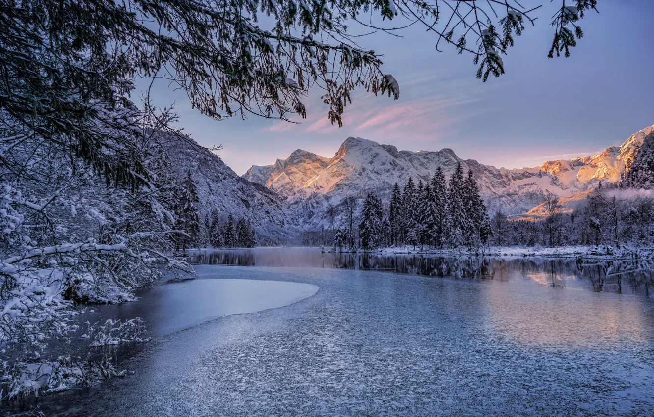 Фото обои зима, лес, небо, вода, снег, горы, рассвет, Австрия